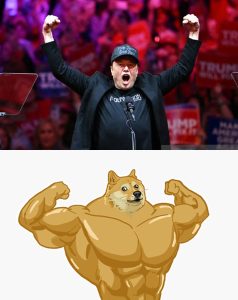 Elon Musk Posts Photo from Trump Endorsement Speech with Dogecoin Image