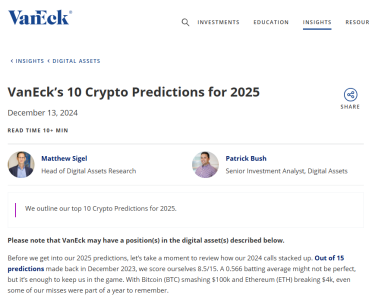 VanEck Shares Top 10 Crypto Predictions for 2025