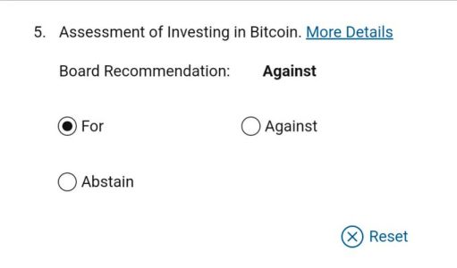 Microsoft shareholders vote on Bitcoin investment strategy amid board opposition.