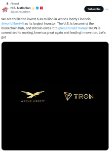 Justin Sun's TRON Commits $30M to DeFi with World Liberty Financial Investment