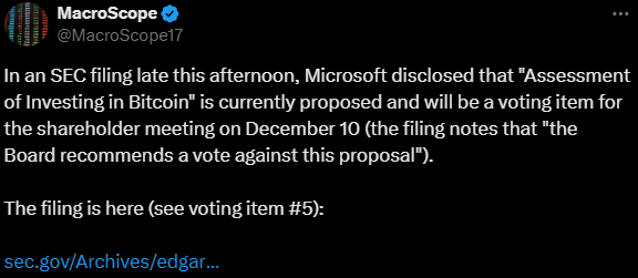 Microsoft shareholders to vote on a Bitcoin investment proposal, with the Board recommending against it.