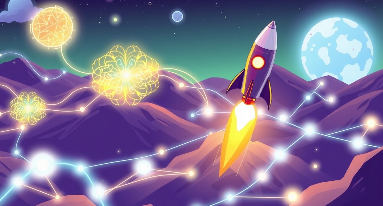 A cartoon illustration of a rocket launching into a futuristic blockchain network, symbolizing the successful 0G Labs mainnet launch.