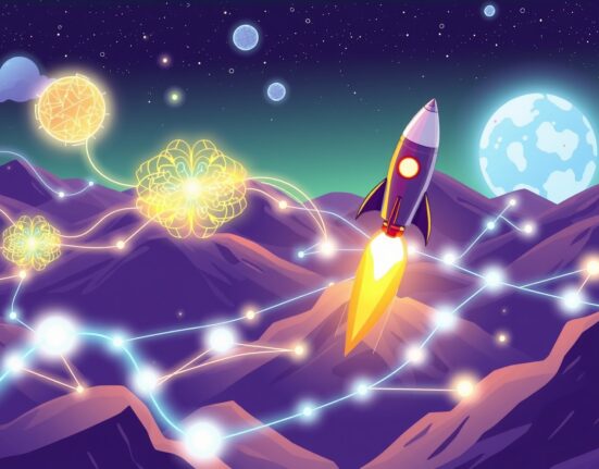 A cartoon illustration of a rocket launching into a futuristic blockchain network, symbolizing the successful 0G Labs mainnet launch.
