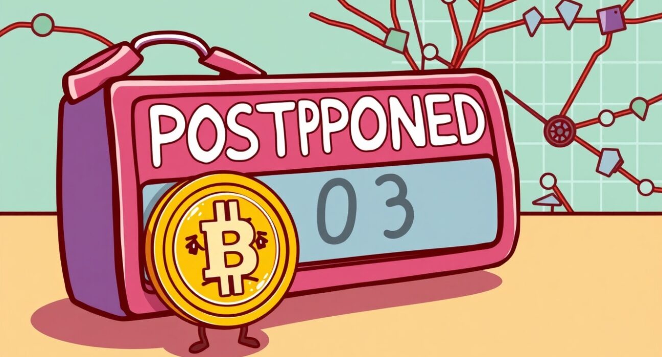 A cartoon illustration showing a paused 0G listing, symbolizing Upbit's postponement due to network instability.