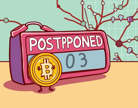 A cartoon illustration showing a paused 0G listing, symbolizing Upbit's postponement due to network instability.