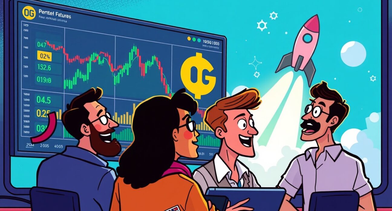 Cartoon showing excited traders viewing a screen displaying 0G perpetual futures charts, symbolizing new trading opportunities on Binance.