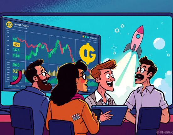 Cartoon showing excited traders viewing a screen displaying 0G perpetual futures charts, symbolizing new trading opportunities on Binance.