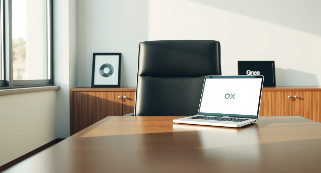 Empty executive office chair with laptop displaying 0x logo, representing leadership transition