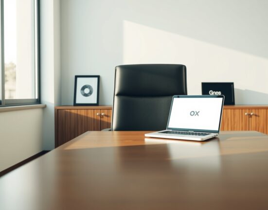 Empty executive office chair with laptop displaying 0x logo, representing leadership transition