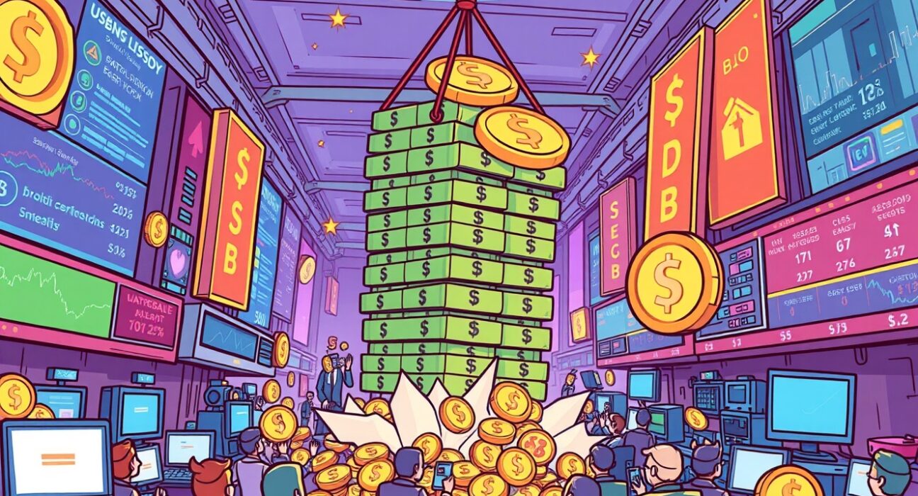 Cartoon illustration of a large stablecoin stack entering the crypto market, symbolizing the recent 1 billion USDT minted event.