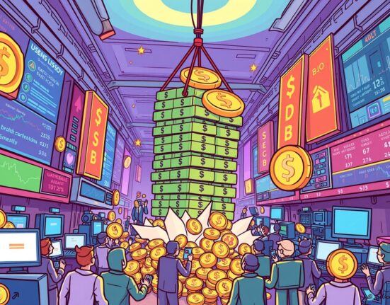 Cartoon illustration of a large stablecoin stack entering the crypto market, symbolizing the recent 1 billion USDT minted event.
