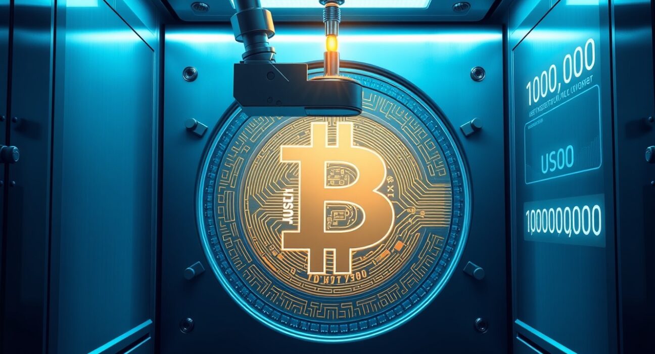 Massive USDT coin being minted in a futuristic treasury vault, representing 1 billion USDT minting event and stablecoin liquidity surge.