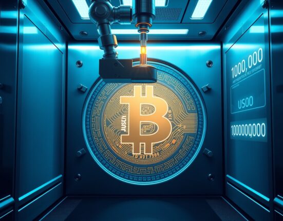 Massive USDT coin being minted in a futuristic treasury vault, representing 1 billion USDT minting event and stablecoin liquidity surge.