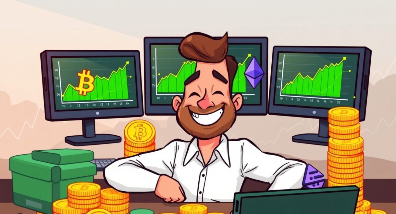 A cartoon illustration showing a 100% win rate trader managing substantial Bitcoin and Ethereum long positions.