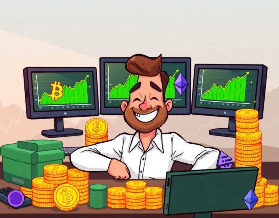 A cartoon illustration showing a 100% win rate trader managing substantial Bitcoin and Ethereum long positions.