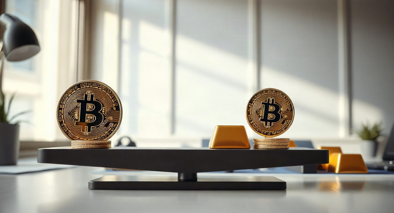 Bitcoin coins and gold bars on a desk representing a balanced portfolio