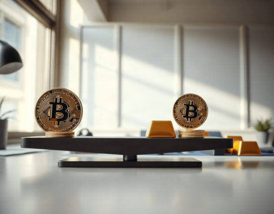 Bitcoin coins and gold bars on a desk representing a balanced portfolio
