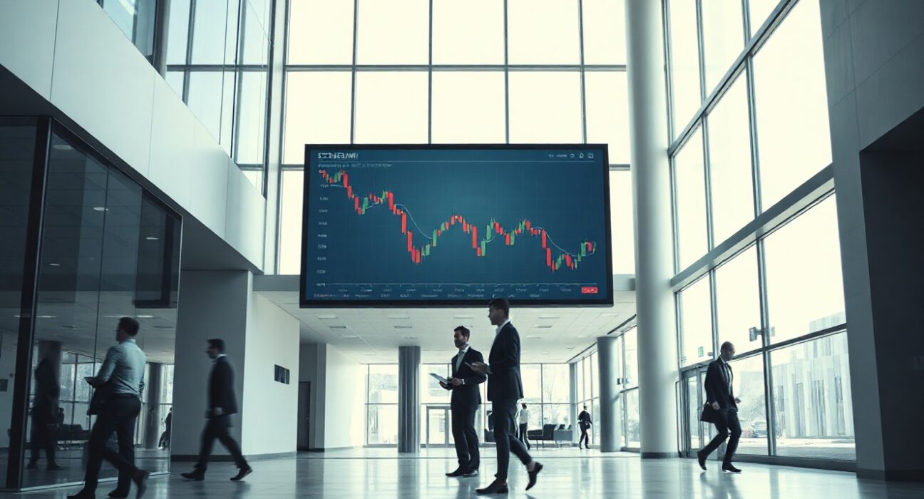 Bitmine corporate lobby with Ethereum price chart showing decline, analyst walking past