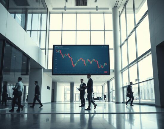 Bitmine corporate lobby with Ethereum price chart showing decline, analyst walking past