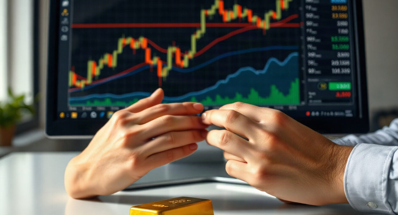 Trader analyzing gold price charts on a monitor with a physical gold bar on the desk