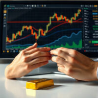 Trader analyzing gold price charts on a monitor with a physical gold bar on the desk