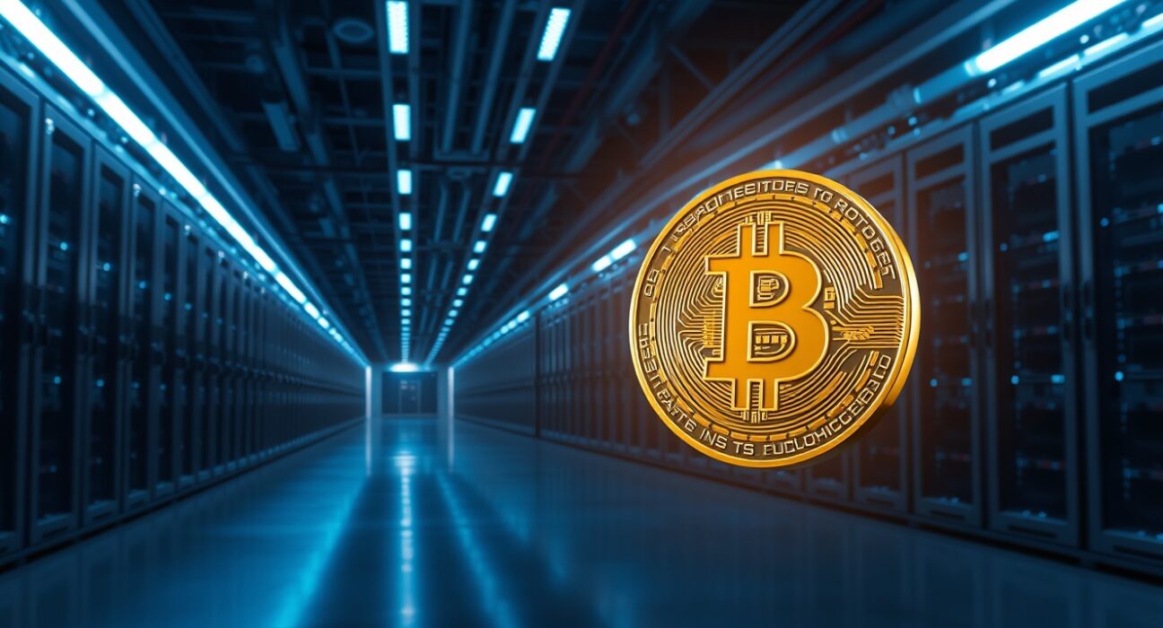 Large Bitcoin transfer between anonymous wallets depicted in a modern data center setting