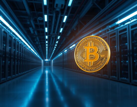 Large Bitcoin transfer between anonymous wallets depicted in a modern data center setting