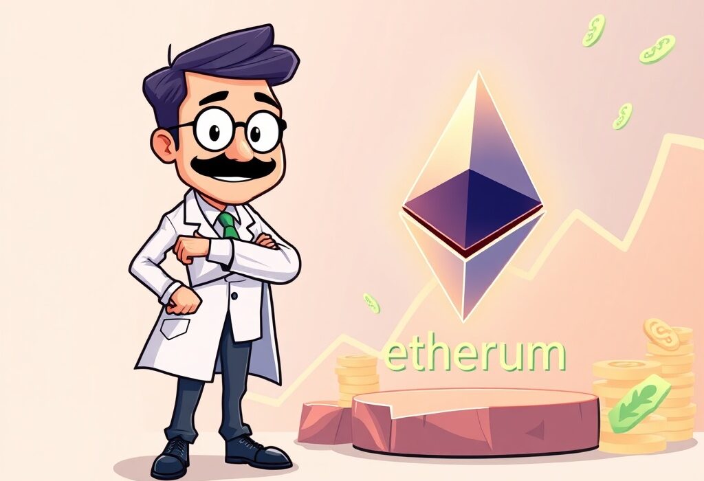 A cartoon illustration showing a biotech firm's bold 180 Life Sciences ETH investment strategy.