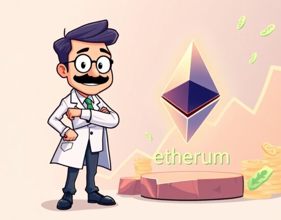 A cartoon illustration showing a biotech firm's bold 180 Life Sciences ETH investment strategy.