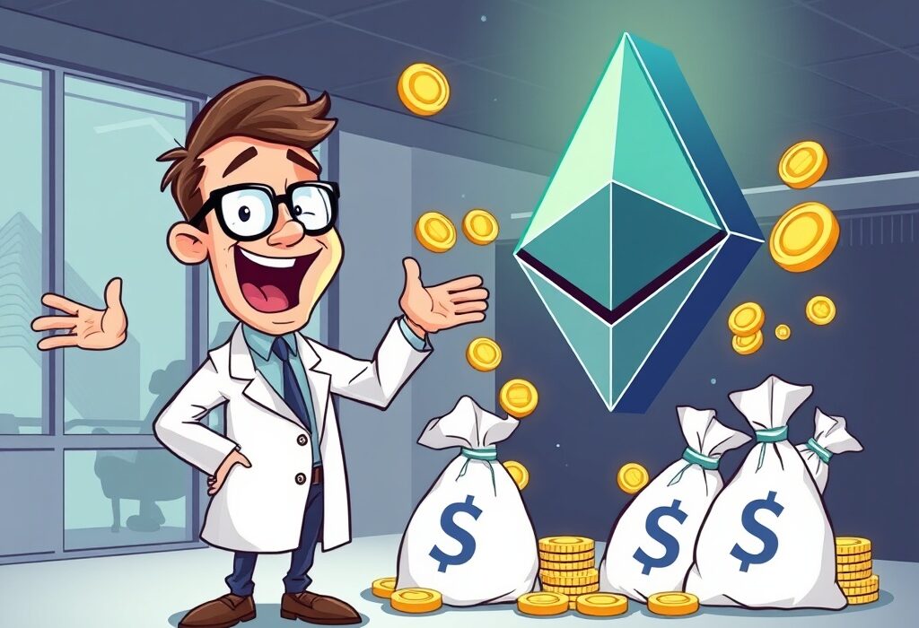 A cartoon illustration showing 180 Life Sciences making significant Ethereum purchases, representing their bold crypto treasury strategy.
