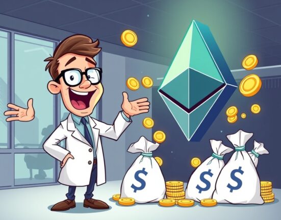 A cartoon illustration showing 180 Life Sciences making significant Ethereum purchases, representing their bold crypto treasury strategy.