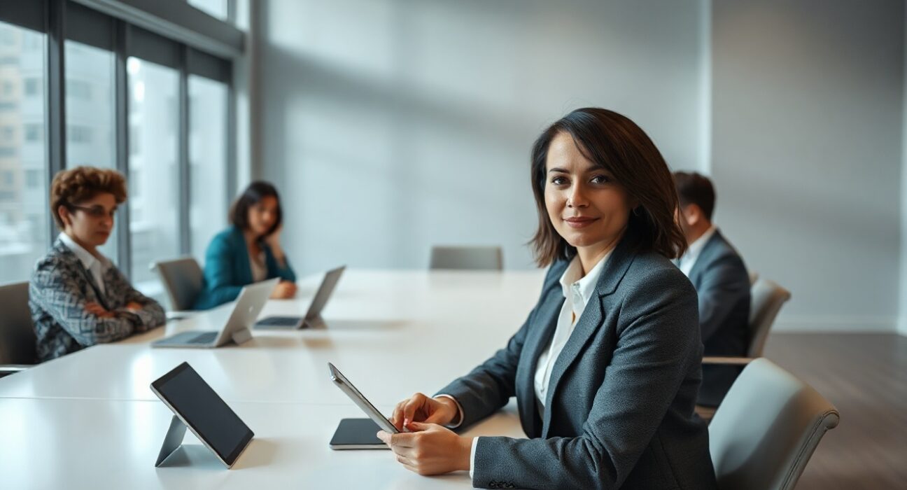 A professional team meeting in a modern office, representing the executive appointment at 1inch.