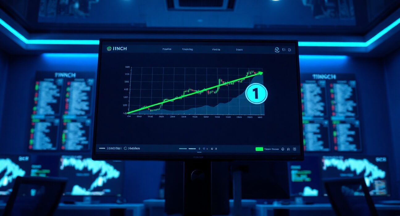 1INCH token price chart on a trading dashboard in a modern office setting