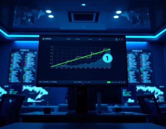 1INCH token price chart on a trading dashboard in a modern office setting