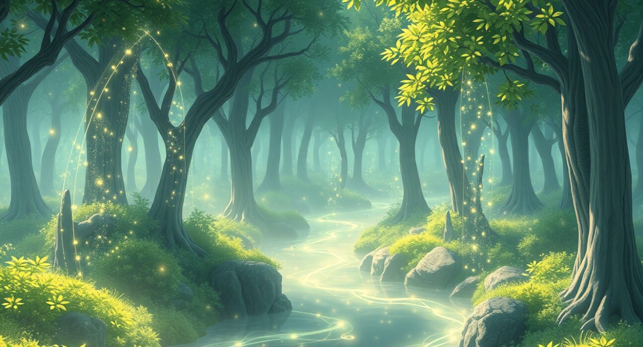 1inch Network Token DeFi ecosystem visualized as glowing data streams in a futuristic forest representing growth potential