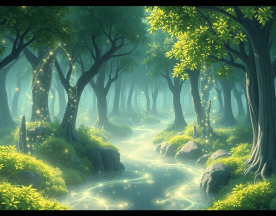 1inch Network Token DeFi ecosystem visualized as glowing data streams in a futuristic forest