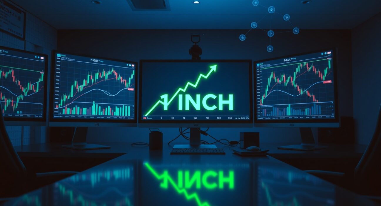 Financial trading desk with monitors showing 1INCH token chart and bullish trend line