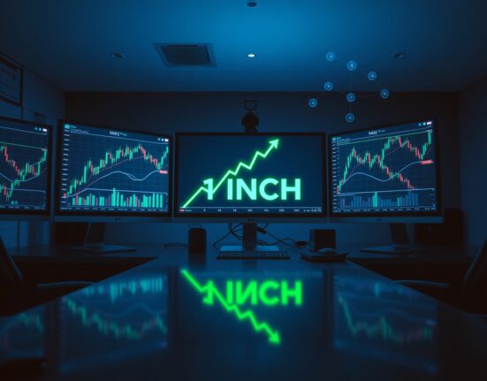 Financial trading desk with monitors showing 1INCH token chart and bullish trend line