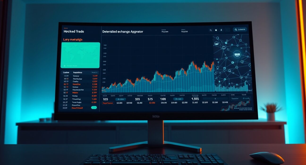 Digital interface of a DEX aggregator platform with blockchain and stock trading visuals in a modern office setting.