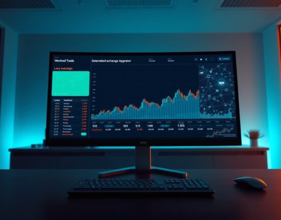 Digital interface of a DEX aggregator platform with blockchain and stock trading visuals in a modern office setting.