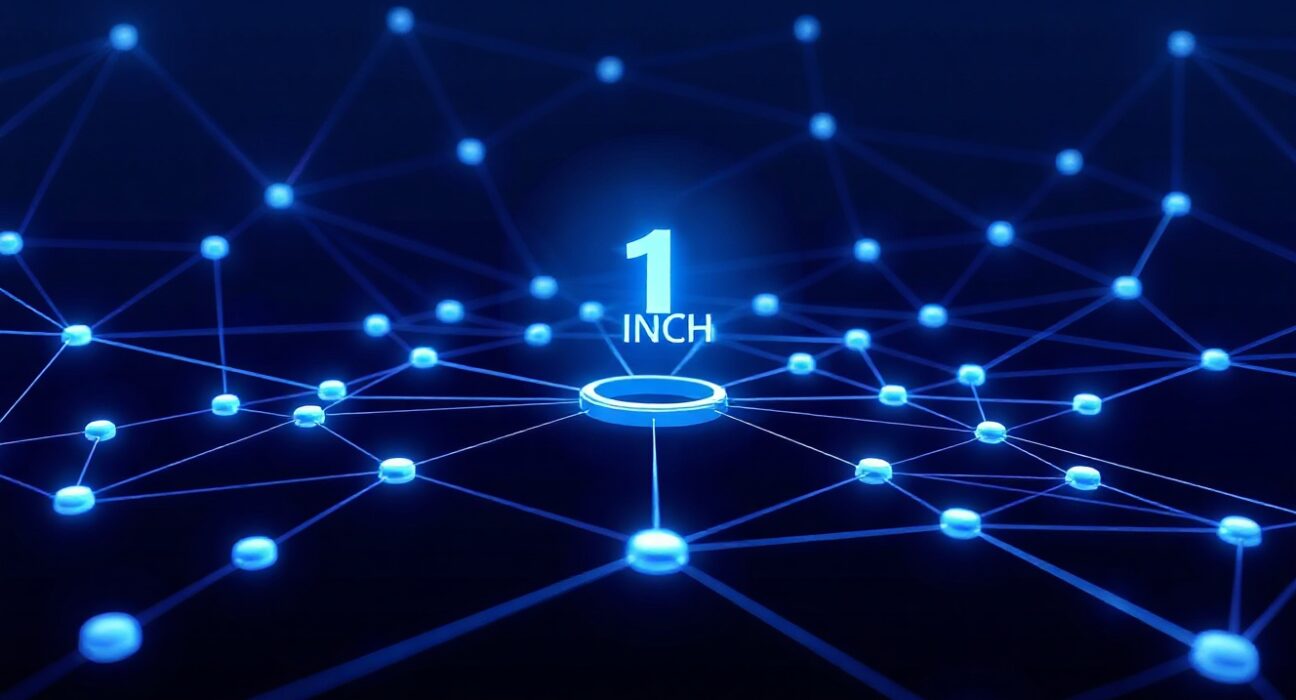 Digital network visualization representing 1inch DeFi protocol and 1INCH token