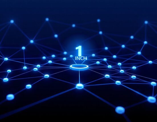 Digital network visualization representing 1inch DeFi protocol and 1INCH token