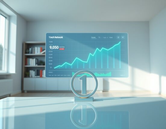 Analytical dashboard showing 1INCH token price prediction and growth trajectory for DeFi market analysis.