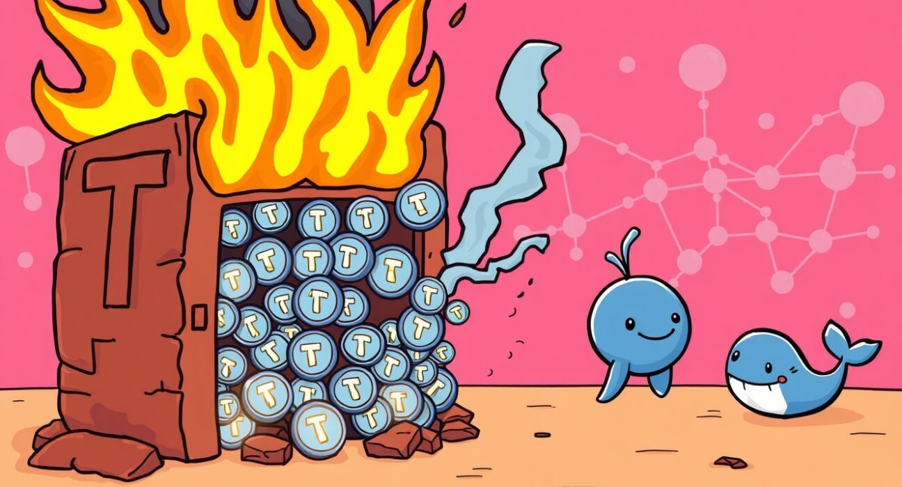 Cartoon illustration showing 2 billion USDT burned by Tether Treasury, symbolizing the significant event in the crypto market and its impact.