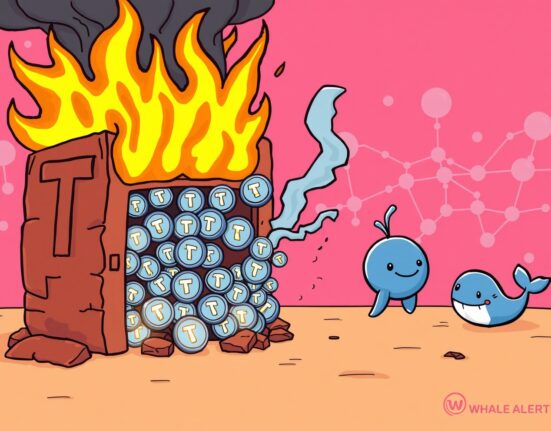 Cartoon illustration showing 2 billion USDT burned by Tether Treasury, symbolizing the significant event in the crypto market and its impact.