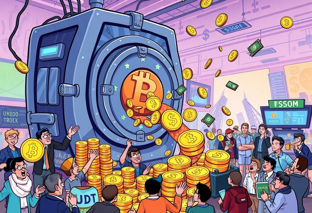 Cartoon illustration showing a large influx of USDT minted tokens impacting a lively crypto market, symbolizing its influence.