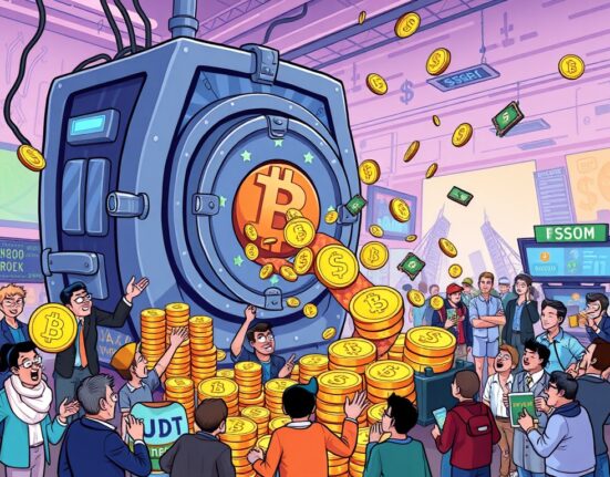 Cartoon illustration showing a large influx of USDT minted tokens impacting a lively crypto market, symbolizing its influence.