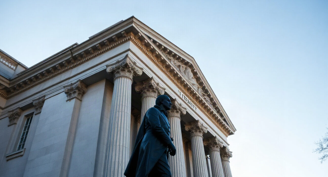 U.S. Treasury building in Washington, D.C., on a clear day, symbolizing bond market movements and fiscal policy.