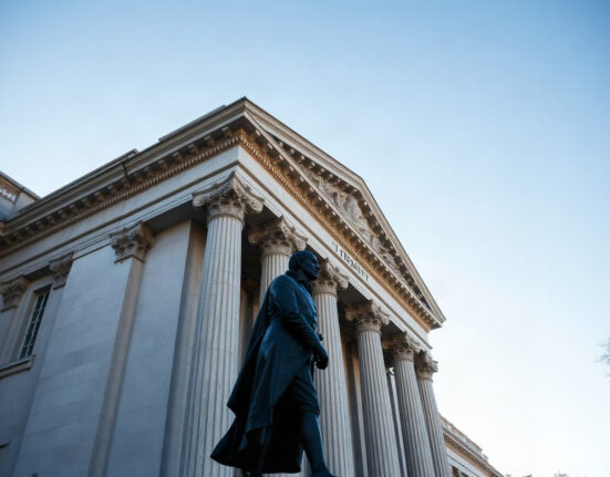 U.S. Treasury building in Washington, D.C., on a clear day, symbolizing bond market movements and fiscal policy.