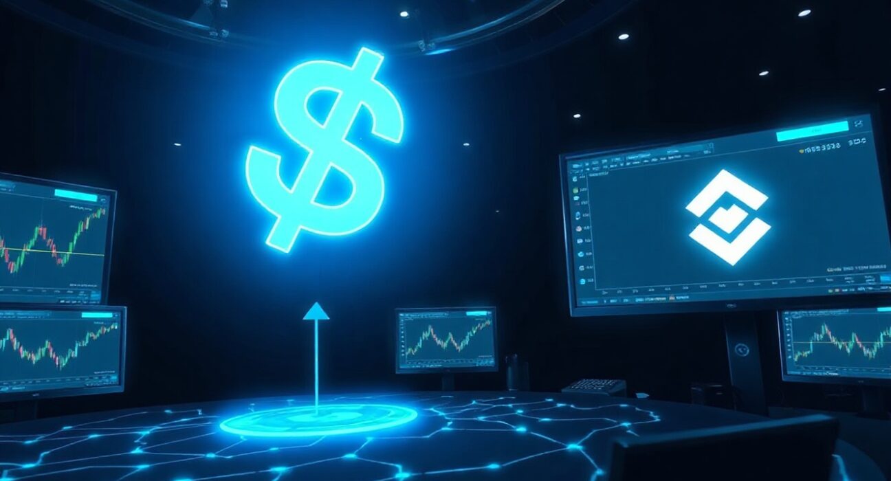 Glowing blue digital dollar sign above a financial network grid representing a large USDC transfer.